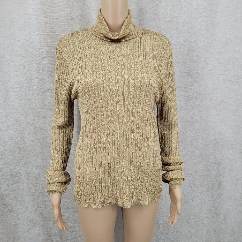 Lauren Ralph Lauren Vintage Metallic Gold Turtleneck Cable Knit Sweater